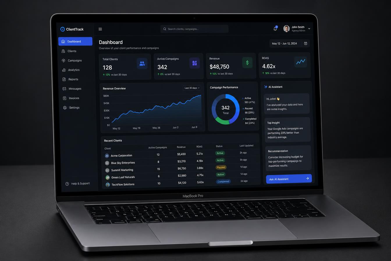 AI client tracking dashboard shown on a MacBook